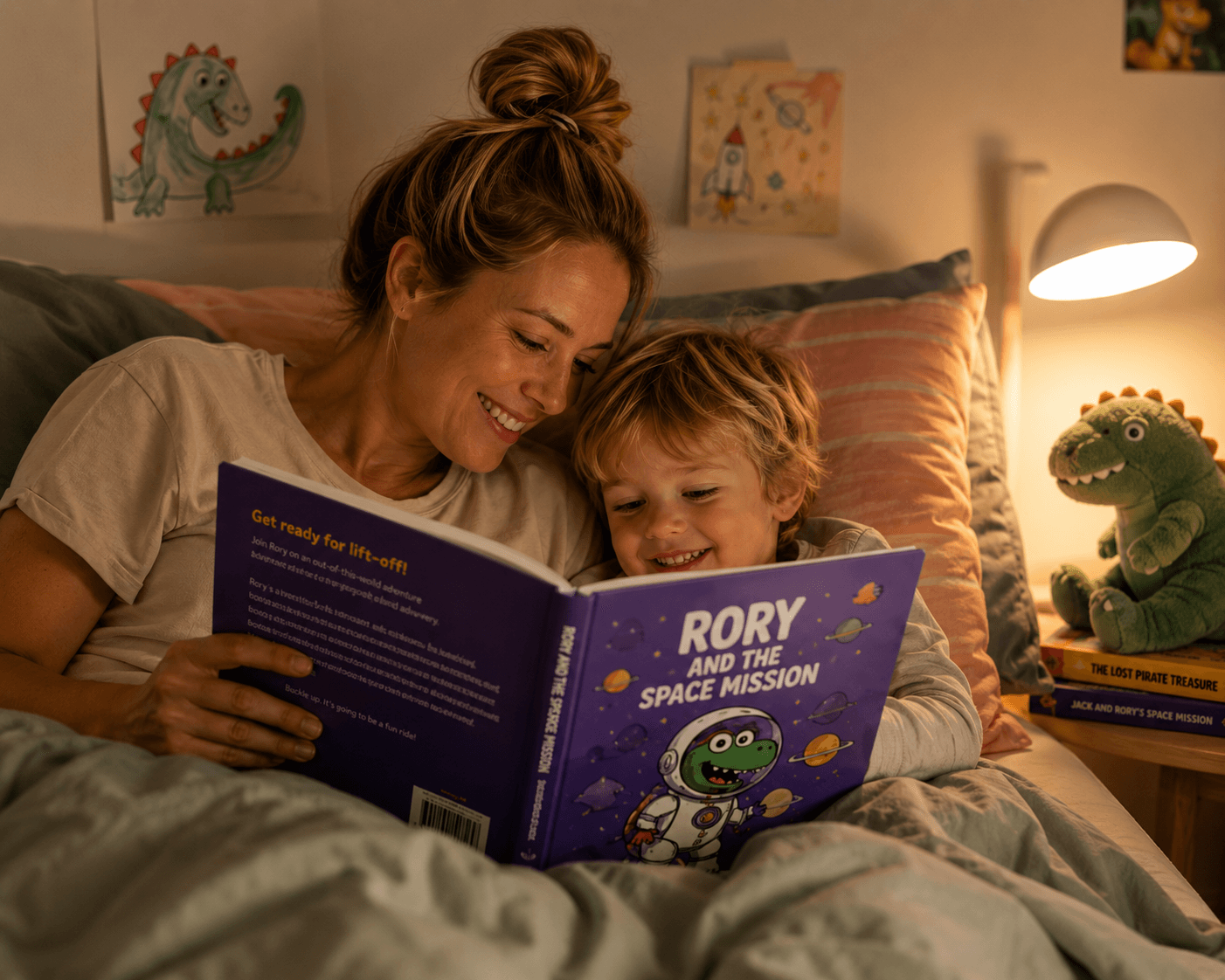 A mum and her child reading a personalised Page Monsters reader together at bedtime.