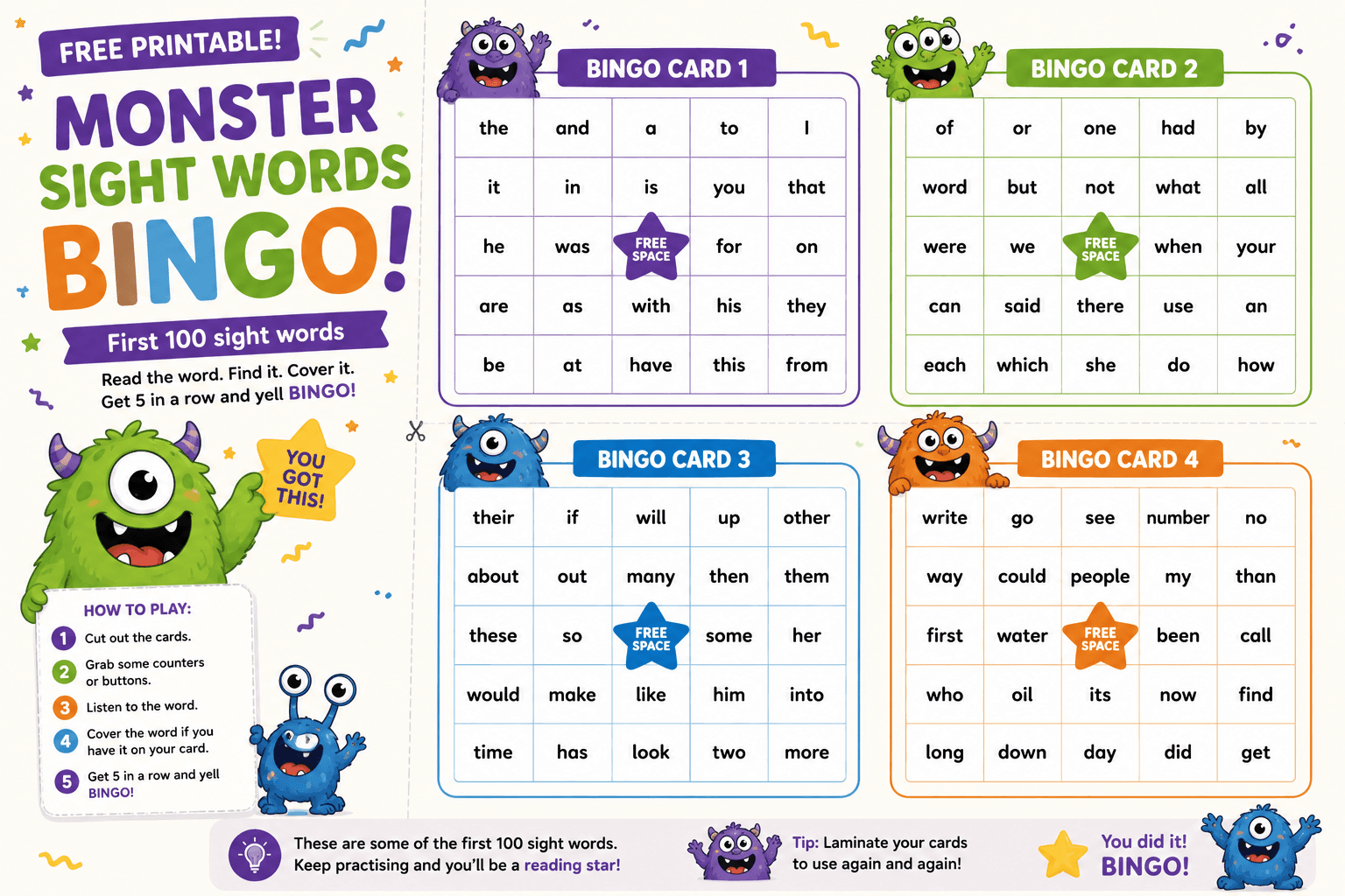 Monster Sight Words Bingo preview