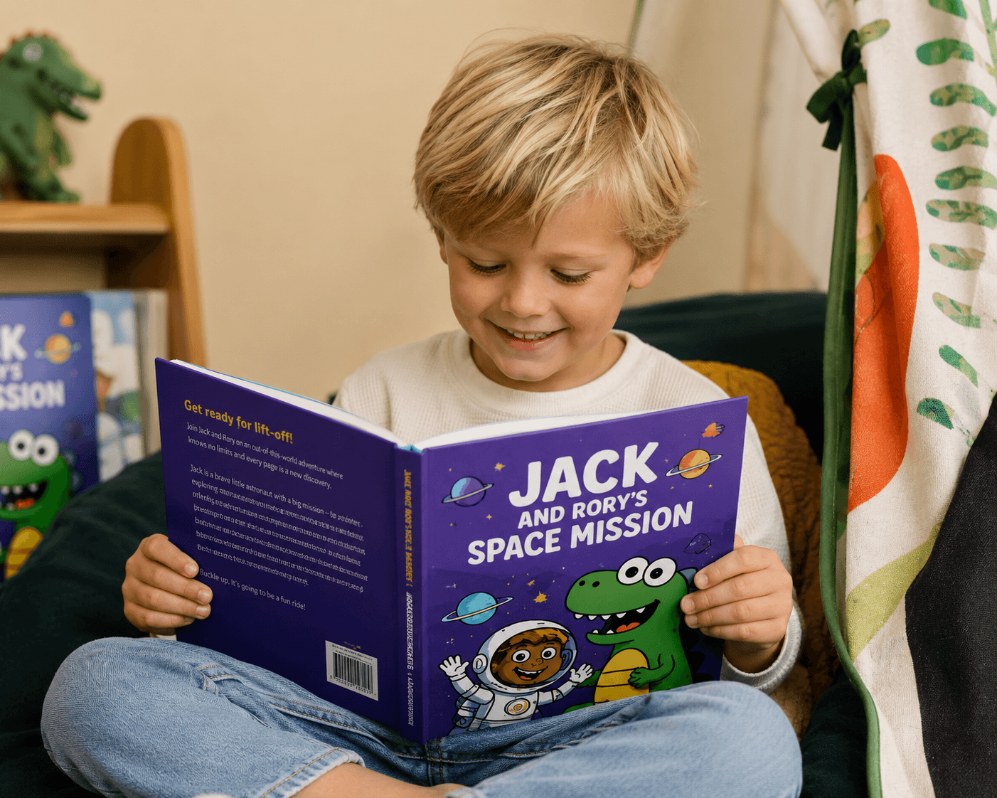 A reluctant reader smiling while reading a short personalised Page Monsters decodable book at home.